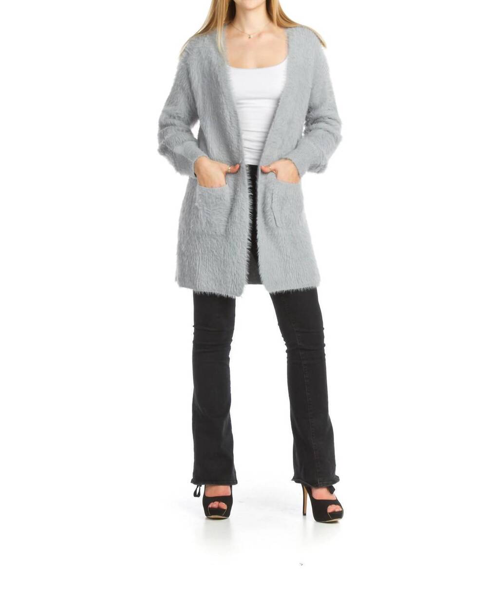 NEW PAPILLON fuzzy long cardigan with pockets in silver/ grey